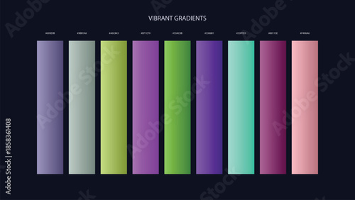 Vibrant Gradient Color Palette Swatches with HEX Codes for UI and Branding on Dark Background