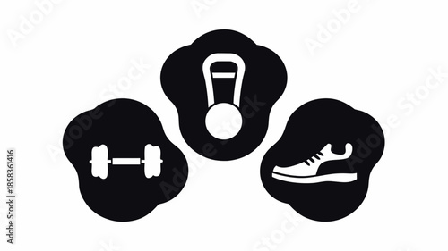 Fitness icons with dumbbell, kettlebell, and sneaker for workout