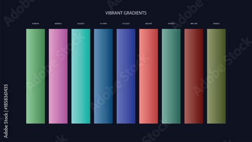 Vibrant Gradient Color Palette Swatches with HEX Codes for UI and Branding on Dark Background