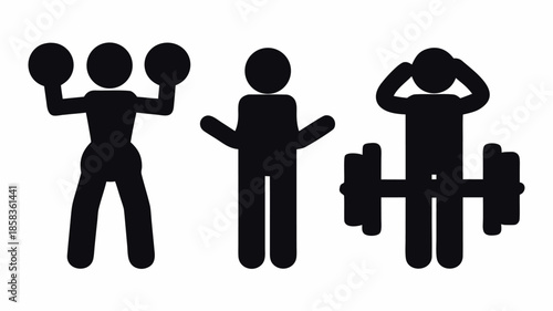 Stick figures working out with dumbbells and weights