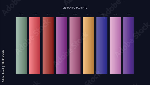 Vibrant Gradient Color Palette Swatches with HEX Codes for UI and Branding on Dark Background