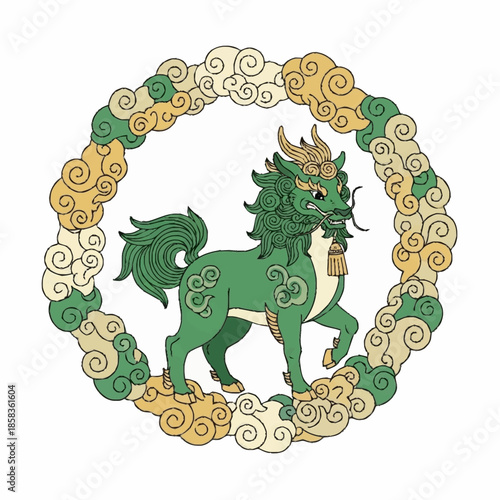 Green Qilin mythical creature in a circular cloud frame.