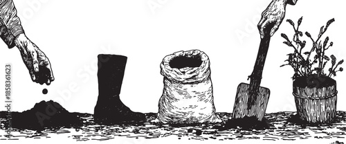 Gardening illustration showing a hand planting a seed in soil. Tools like a shovel and pot are included in this black and white vector set.