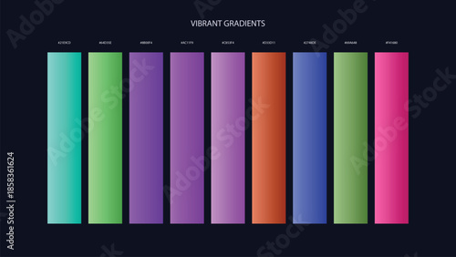 Vibrant Gradient Color Palette Swatches with HEX Codes for UI and Branding on Dark Background
