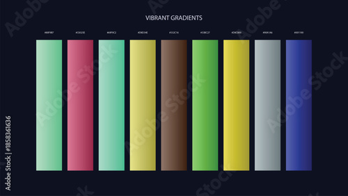 Vibrant Gradient Color Palette Swatches with HEX Codes for UI and Branding on Dark Background