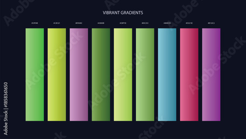 Vibrant Gradient Color Palette Swatches with HEX Codes for UI and Branding on Dark Background