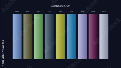 Vibrant Gradient Color Palette Swatches with HEX Codes for UI and Branding on Dark Background
