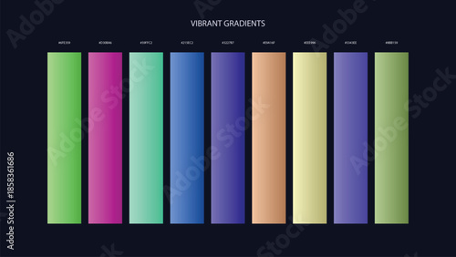 Vibrant Gradient Color Palette Swatches with HEX Codes for UI and Branding on Dark Background