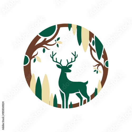 Majestic deer standing gracefully within a stylized forest circle.