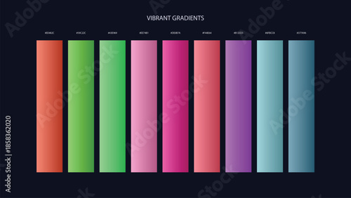 Vibrant Gradient Color Palette Swatches with HEX Codes for UI and Branding on Dark Background