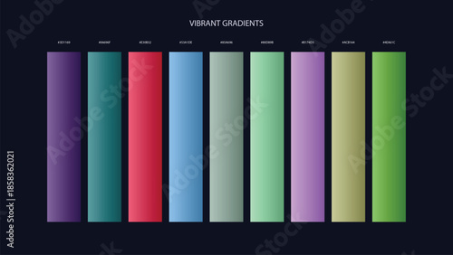 Vibrant Gradient Color Palette Swatches with HEX Codes for UI and Branding on Dark Background