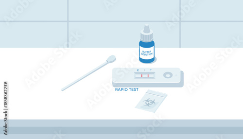 Home rapid covid test kit with buffer solution swab and biohazard packaging healthcare concept