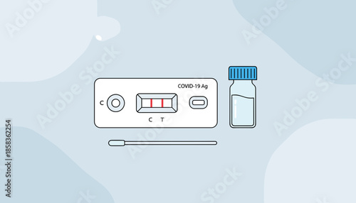 Rapid test kit illustration with covid antigen cassette buffer bottle and swab medical diagnostics concept