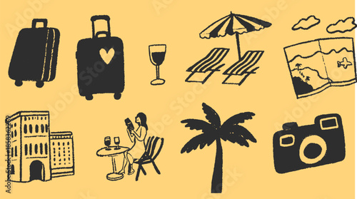 Vacation icons set including luggage, camera, and palm tree. Simple black vector illustration for travel and leisure themes.