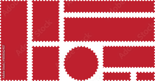 Set of red postage stamps with different sized square, rectangular, rectangle and circle. Templete use for sticker badge, for mail, postcard and letter.