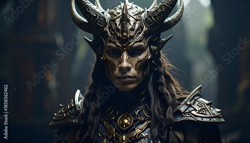 A regal female warrior with intricate, gilded armor and imposing horned helmet gazes directly forward. The image is dimly lit