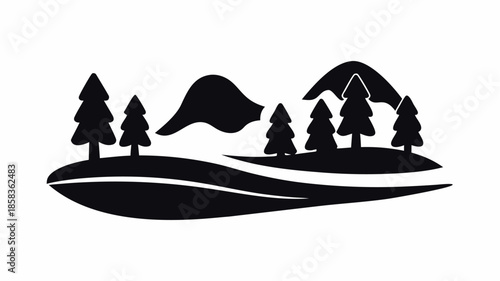 Serene landscape with pine trees and rolling hills in silhouette