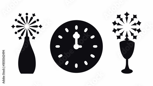 New Year's Eve celebration icons with clock and champagne