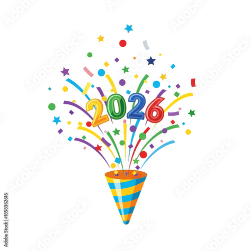 A vibrant party popper exploding with colorful confetti, streamers, and stars, celebrating the year 2026.