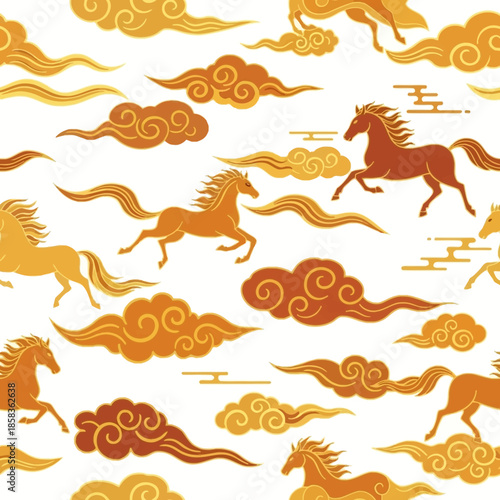 Seamless pattern with running golden horses and traditional Asian auspicious clouds on a white background.