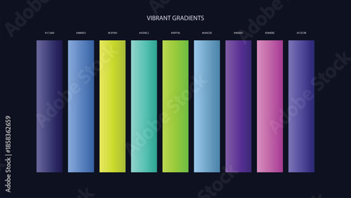 Vibrant Gradient Color Palette Swatches with HEX Codes for UI and Branding on Dark Background