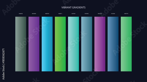 Vibrant Gradient Color Palette Swatches with HEX Codes for UI and Branding on Dark Background