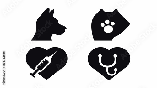 Veterinary care symbols with pet silhouettes and medical icons