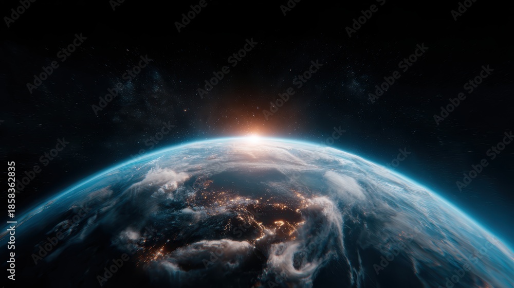 Obraz premium A breathtaking view of Earth from space, capturing the rich colors of the atmosphere and the bright glow of the sun rising over the horizon in a stunning depiction of our planet.