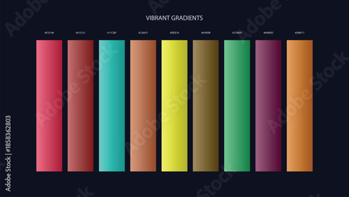 Vibrant Gradient Color Palette Swatches with HEX Codes for UI and Branding on Dark Background