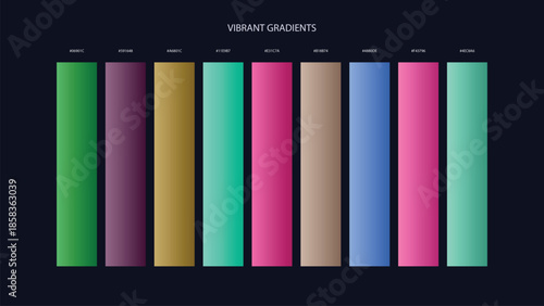 Vibrant Gradient Color Palette Swatches with HEX Codes for UI and Branding on Dark Background