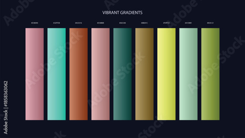 Vibrant Gradient Color Palette Swatches with HEX Codes for UI and Branding on Dark Background