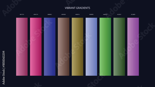 Vibrant Gradient Color Palette Swatches with HEX Codes for UI and Branding on Dark Background