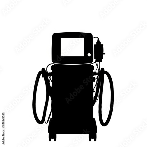 Medical equipment illustration on a white background with various attached cables and hoses