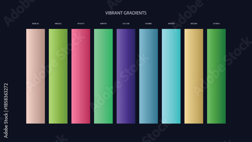 Vibrant Gradient Color Palette Swatches with HEX Codes for UI and Branding on Dark Background