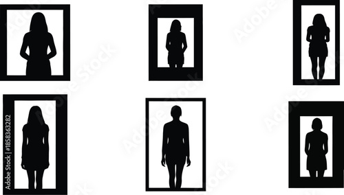 Silhouettes of people in black frames on white