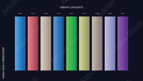 Vibrant Gradient Color Palette Swatches with HEX Codes for UI and Branding on Dark Background
