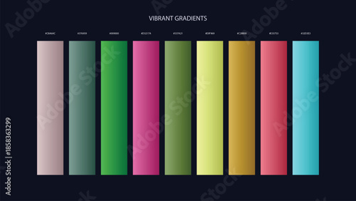 Vibrant Gradient Color Palette Swatches with HEX Codes for UI and Branding on Dark Background