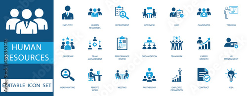 Human resources icon set. featuring recruitment, leadership, teamwork, and employee management elements in blue flat style for corporate business and workforce development.