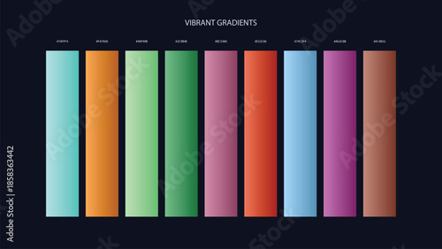 Vibrant Gradient Color Palette Swatches with HEX Codes for UI and Branding on Dark Background