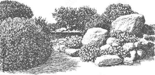 Landscape illustration featuring detailed rocks, bushes, and flowers. A black and white vector set showcasing an outdoor scene with textured elements.