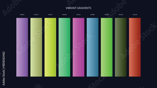 Vibrant Gradient Color Palette Swatches with HEX Codes for UI and Branding on Dark Background