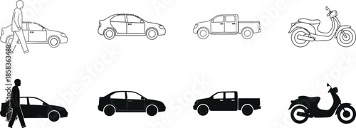 Various vehicle silhouettes and line drawings for design