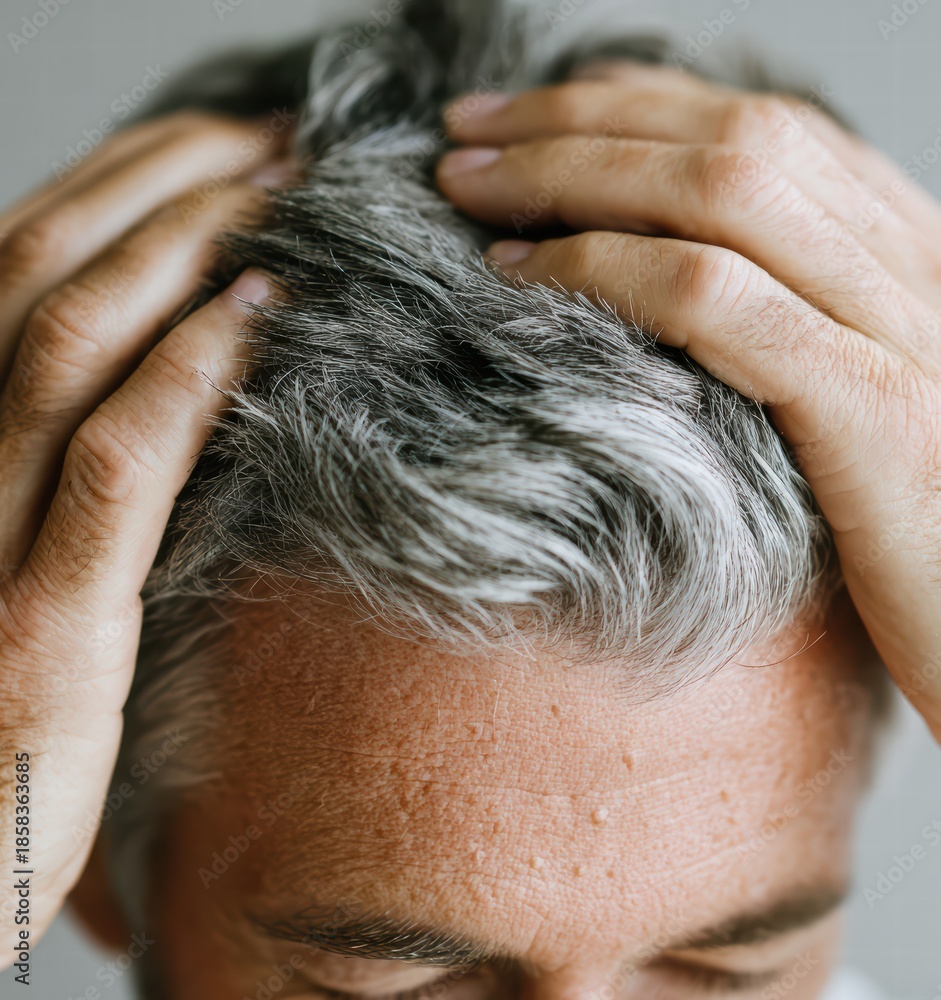 Naklejka premium Grey hair woman symbolizing life transitions and maturity.