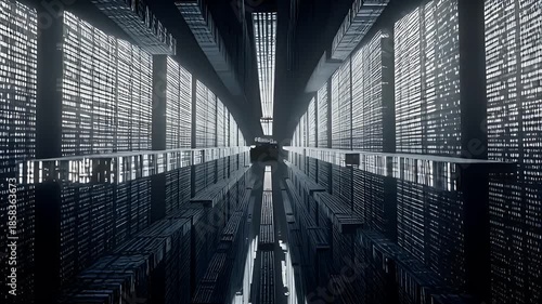 Dark Futuristic Data Network Corridor with Abstract Digital City Architecture