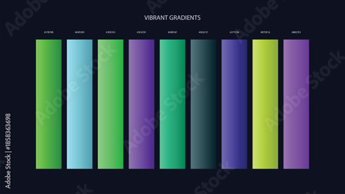 Vibrant Gradient Color Palette Swatches with HEX Codes for UI and Branding on Dark Background