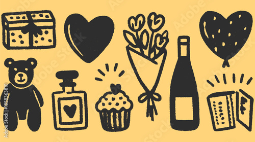 Gift set featuring heart, bear, flower, cupcake, and bottle in a simple vector illustration. Suitable for holiday or celebration themes.