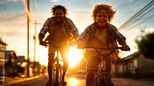Wallpaper Mural An exhilarating moment captured of a father and his son joyfully riding bikes down a sunlit street, reflecting strong family bonds and carefree childhood happiness. Torontodigital.ca