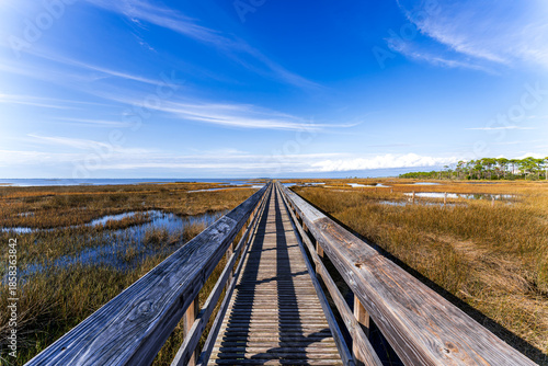 Fotografija Wooden boardwalk winding through marshland at Salinas Park, Cape San Blas, Flori