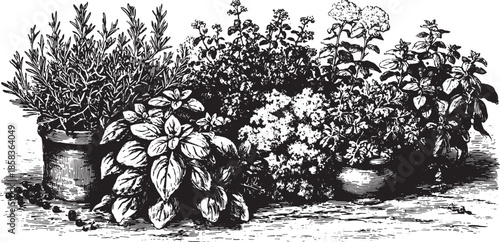 Vintage illustration of potted herbs including basil, thyme, and rosemary. Detailed black and white vector set for kitchen decoration.