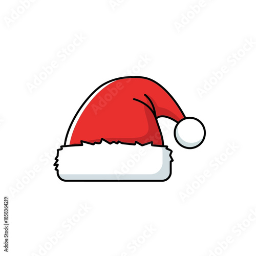 A simple cartoon illustration of a classic red Santa hat with a white fluffy brim and pom-pom, perfect for Christmas and holiday designs.